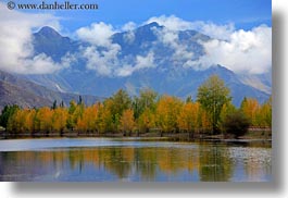 asia, fog, foliage, horizontal, lakes, landscapes, lhasa, mountains, nature, reflections, tibet, trees, water, photograph