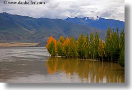 asia, fog, foliage, horizontal, lakes, landscapes, lhasa, mountains, nature, reflections, tibet, trees, water, photograph