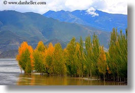 asia, fog, foliage, horizontal, lakes, landscapes, lhasa, mountains, nature, reflections, tibet, trees, water, photograph