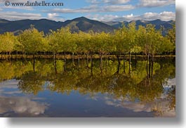 asia, clouds, horizontal, lakes, landscapes, lhasa, mountains, nature, reflections, tibet, trees, water, photograph