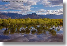 asia, clouds, horizontal, lakes, landscapes, lhasa, mountains, nature, reflections, tibet, trees, water, photograph