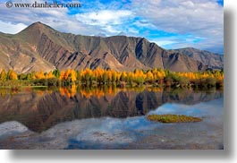 asia, clouds, horizontal, lakes, landscapes, lhasa, mountains, nature, reflections, tibet, trees, water, photograph