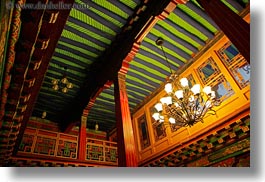 asia, chandelliers, glow, green, horizontal, lhasa, lights, rafters, tibet, photograph
