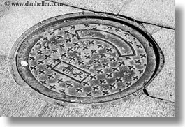asia, black and white, chinese, covers, horizontal, lhasa, manholes, streets, tibet, photograph