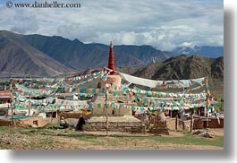 around, asia, flags, horizontal, lhasa, prayers, stupas, tibet, villages, photograph