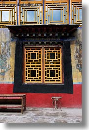 asia, asian, grates, oranges, stools, style, tan druk temple, tibet, vertical, windows, photograph