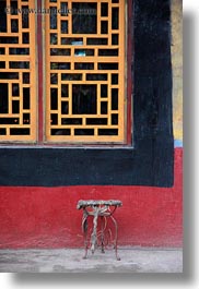 asia, asian, grates, oranges, stools, style, tan druk temple, tibet, vertical, windows, photograph