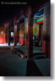 asia, asian, interiors, pillars, shadows, style, tan druk temple, tibet, vertical, photograph