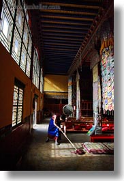 asia, asian, floors, monks, mopping, people, style, tan druk temple, temples, tibet, vertical, photograph