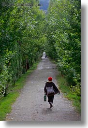 asia, hats, red, tibet, trees, tunnel, vertical, womens, yarlung valley, photograph