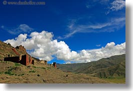 architectural ruins, asia, clouds, horizontal, mountains, nature, riwodechen monastery, sky, tibet, yarlung valley, photograph