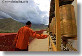asia, clouds, horizontal, monks, prayers, tibet, wheels, yumbulagang, photograph
