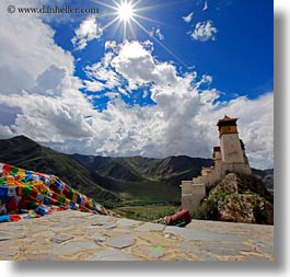 asia, asian, clouds, flags, nature, palace, prayers, sky, square format, style, sun, tibet, yumbulagang, yumbulagang palace, photograph
