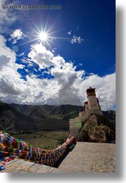 asia, asian, clouds, flags, nature, palace, prayers, sky, style, sun, tibet, vertical, yumbulagang, yumbulagang palace, photograph