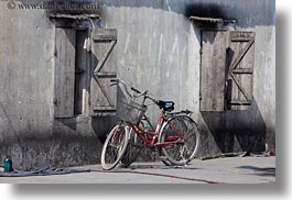 asia, bicycles, bikes, buildings, grey, ha long bay, horizontal, red, vietnam, photograph