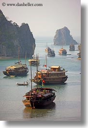 asia, boats, ha long bay, harbor, haze, junkets, mountains, nature, vertical, vietnam, photograph