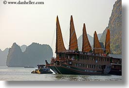 asia, boats, ha long bay, haze, horizontal, junkets, mountains, nature, vietnam, photograph