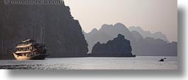 asia, boats, ha long bay, haze, horizontal, kayaks, mountains, nature, panoramic, vietnam, photograph