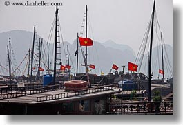 asia, boats, flags, ha long bay, horizontal, mountains, nature, vietnam, vietnamese, photograph