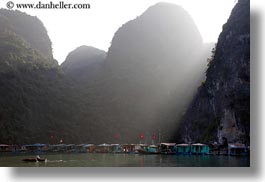 asia, boats, ha long bay, horizontal, mountains, nature, rowing, sky, small, sun, sunbeams, vietnam, womens, photograph
