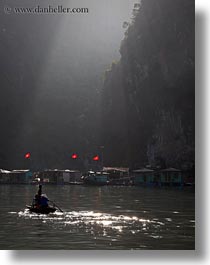 asia, boats, ha long bay, nature, rowing, sky, small, sun, sunbeams, vertical, vietnam, womens, photograph