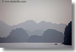 asia, boats, ha long bay, haze, hazy, horizontal, mountains, nature, small, small boats, vietnam, photograph
