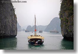 asia, boats, ha long bay, haze, horizontal, mountains, nature, small, small boats, vietnam, photograph