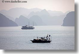 asia, boats, ha long bay, haze, horizontal, mountains, nature, silhouettes, small, small boats, vietnam, photograph