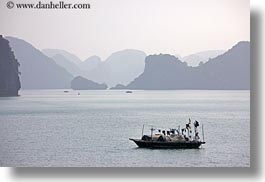 asia, boats, ha long bay, haze, horizontal, mountains, nature, silhouettes, small, small boats, vietnam, photograph