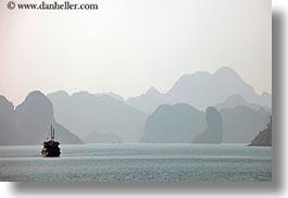 asia, boats, ha long bay, haze, horizontal, mountains, nature, small, small boats, vietnam, photograph