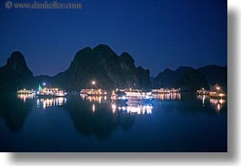 asia, boats, ha long bay, horizontal, mountains, nature, nite, reflections, scenics, slow exposure, vietnam, photograph