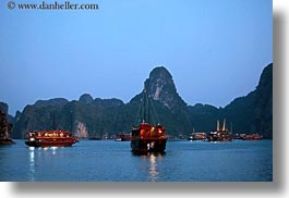 asia, boats, ha long bay, horizontal, mountains, nature, nite, reflections, scenics, vietnam, photograph