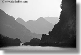 asia, black and white, ha long bay, hazy, horizontal, mountains, ocean, sunsets, vietnam, photograph