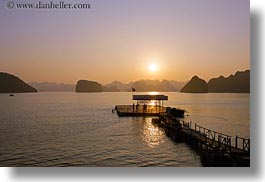 asia, dock, ha long bay, horizontal, mountains, nature, sky, sun, sunsets, vietnam, photograph