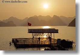 asia, colors, dock, ha long bay, horizontal, mountains, nature, sky, sun, sunsets, vietnam, yellow, photograph