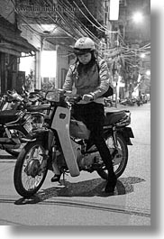 asia, bikes, black and white, hanoi, motorcycles, nite, people, vertical, vietnam, womens, young, photograph