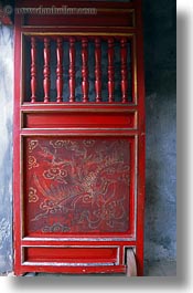 asia, balisters, confucian temple literature, doors, hanoi, red, vertical, vietnam, photograph