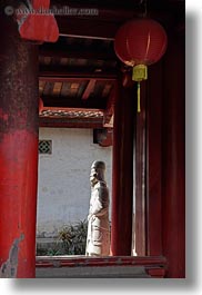 asia, confucian temple literature, guards, hanoi, pillars, red, statues, vertical, vietnam, white, photograph