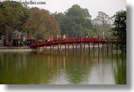 asia, bridge, crossing, hanoi, horizontal, lakes, people, red, vietnam, photograph