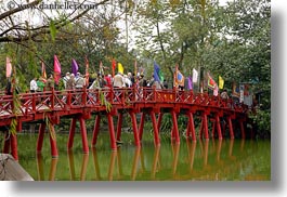 asia, bridge, crossing, hanoi, horizontal, lakes, people, red, vietnam, photograph