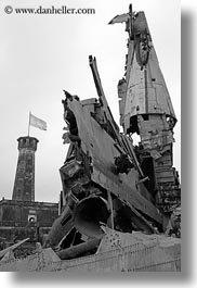 architectural ruins, asia, black and white, flags, hanoi, military history museum, planes, vertical, vietnam, vietnamese, photograph