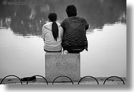 asia, black and white, couples, hanoi, horizontal, people, pond, vietnam, photograph