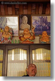 asia, bald, buddhas, fat, hanoi, men, sculptures, tran quoc pagoda, vertical, vietnam, photograph