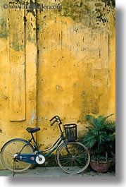 asia, bicycles, bikes, hoi an, old, vertical, vietnam, walls, yellow, photograph