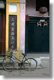 asia, bicycles, bikes, hoi an, old, vertical, vietnam, walls, yellow, photograph