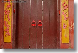asia, doors, hoi an, horizontal, knockers, red, vietnam, photograph