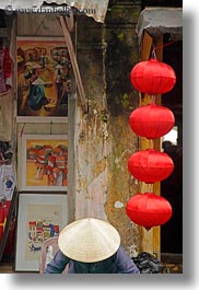 asia, concical, hats, hoi an, lanterns, red, vertical, vietnam, photograph