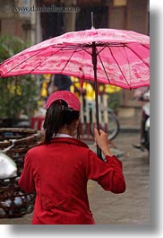 asia, girls, hoi an, people, pink, red, umbrellas, vertical, vietnam, womens, photograph