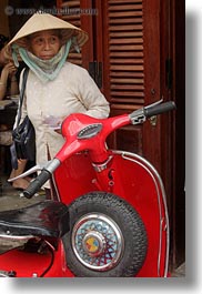 asia, hoi an, moped, old, people, red, vertical, vietnam, womens, photograph