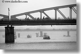 asia, black and white, boats, bridge, horizontal, hue, vietnam, photograph